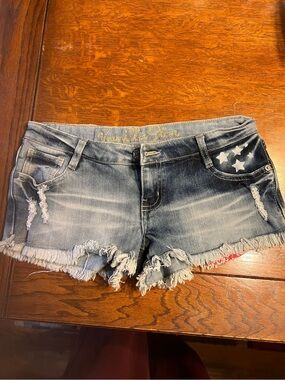 Vanilla Star Distressed Denim Shorts with Star Patch - Blue